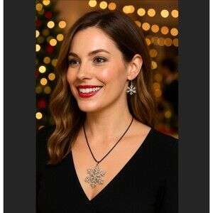 J. Jill Snowflake Necklace & Earrings Silvertone Shimmering Pave Holiday READ!